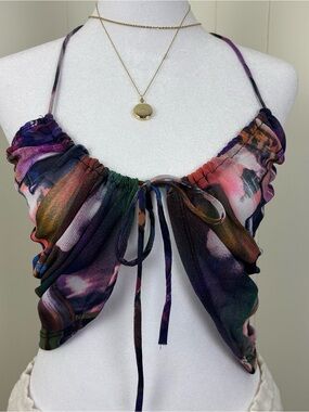 Y2K vintage Tie-Front Crop Top in Multicolor Watercolor Print